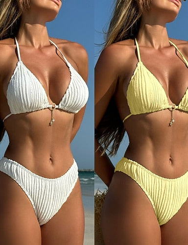 Bikini 2 Piece Swimsuit Skirt Slim Backless Vacation Beach Wear Color Halter Neck Sleeveless Bathing Suits