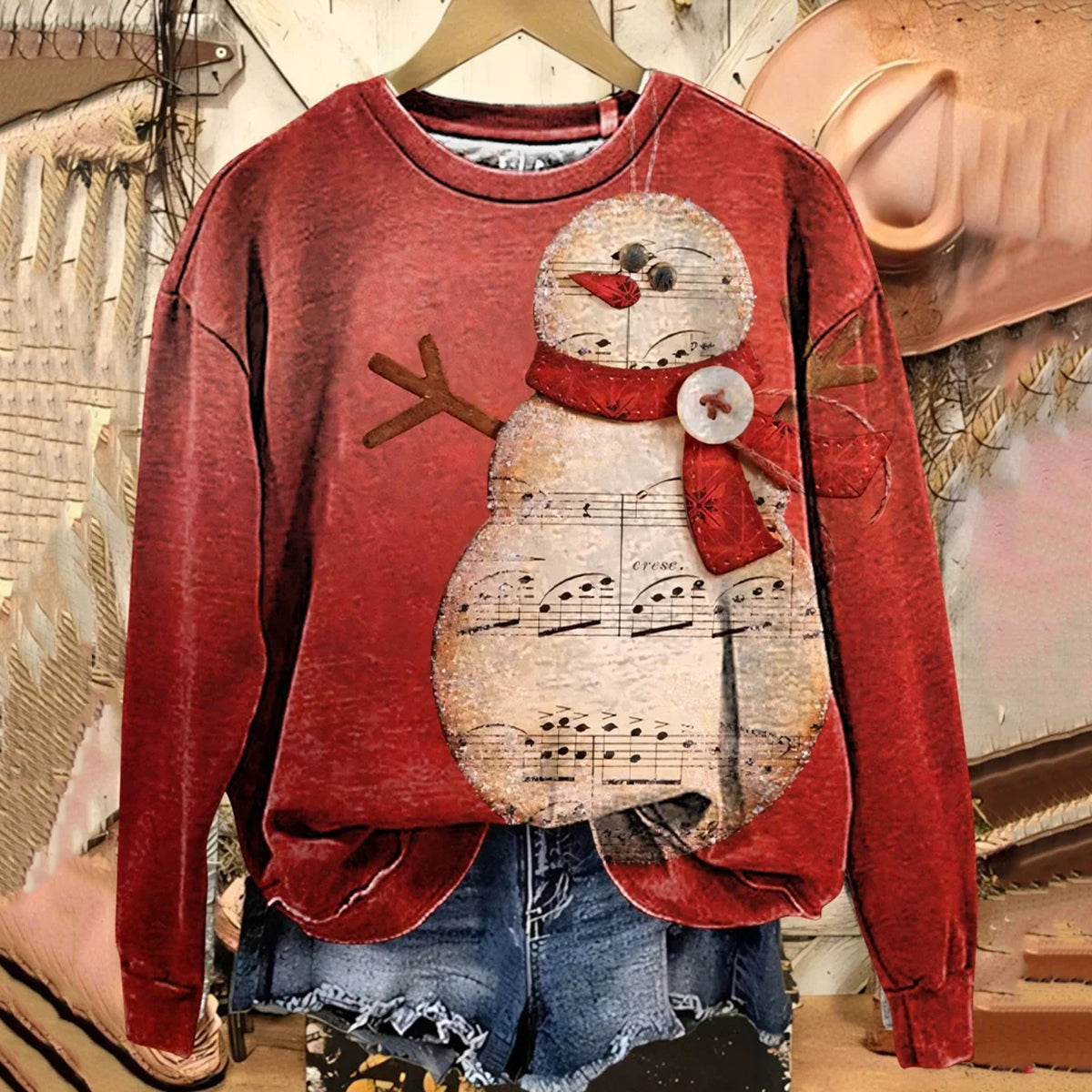 Comstylish Women's Vintage Christmas Snowman Print Crew Neck Long Sleeve Sweatshirt