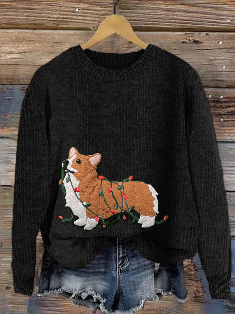 Comstylish Funny Christmas Corgi Dog Embroidered Cozy Sweater