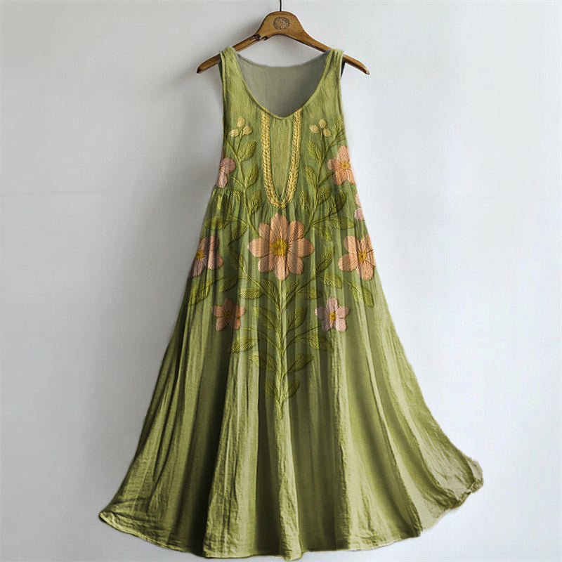 Women's Vintage Bohemian Floral Art Print Crew Neck Sleeveless Cotton