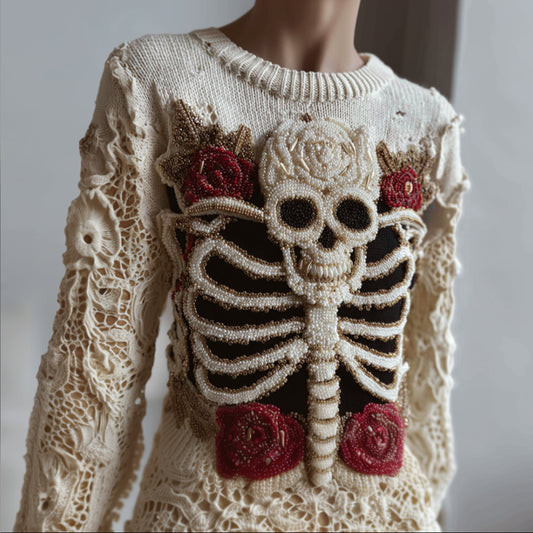 Women's Halloween Skeleton And Rose Lace Knitted Round Neck Sweater artswardrobe