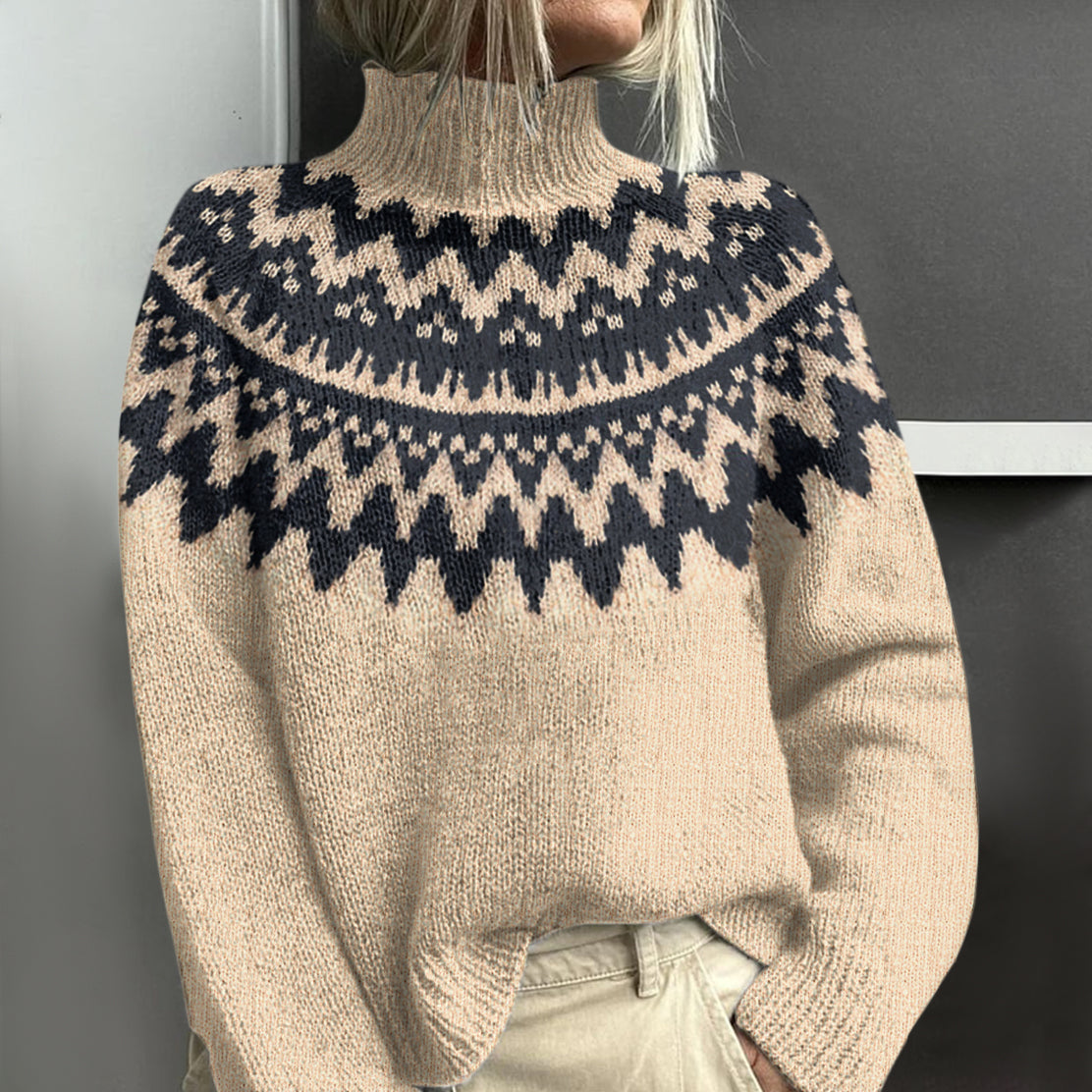 Vintage Icelandic Pattern Knitted Turtleneck Sweater artswardrobe