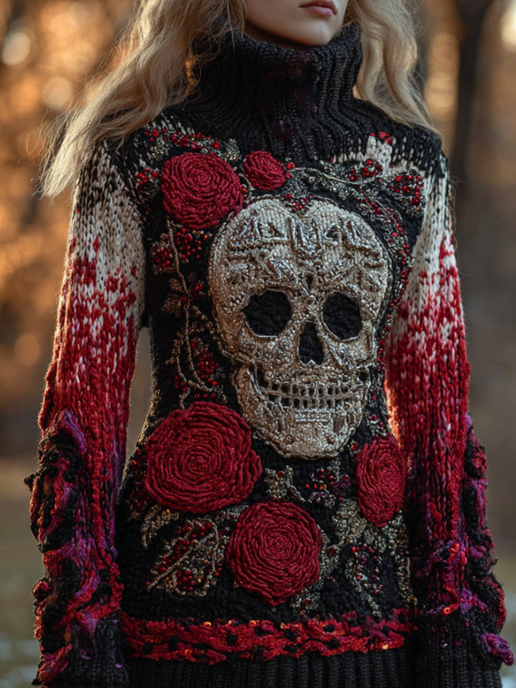 Vintage Skeleton Flower Coarse Needle High Neck Sweater artswardrobe