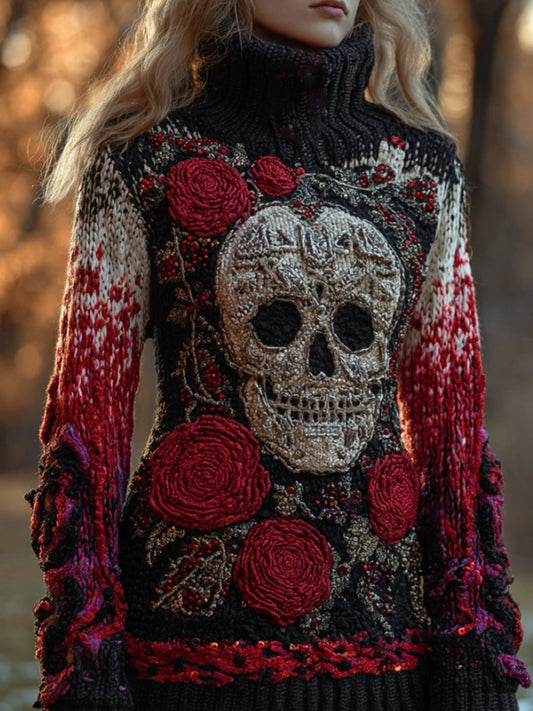 Comstylish Vintage Skeleton Flower Coarse Needle High Neck Sweater