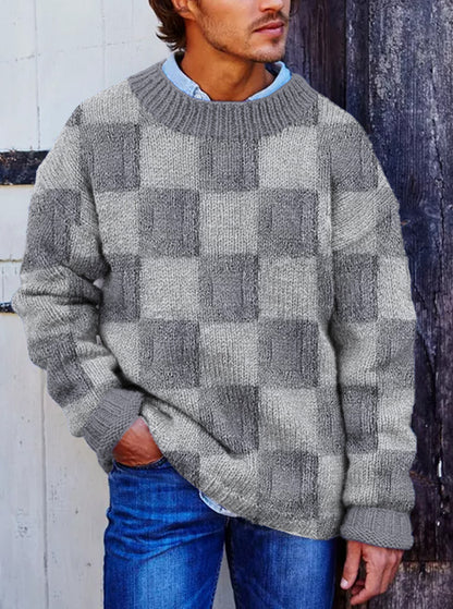 Vegan Mock Minimalist Knit Pullover Sustainable Plaid Patchwork Warmth Knitted Jacquard Unisex Sweater elevenforest