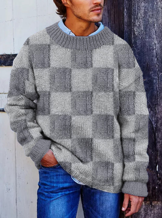 Vegan Mock Minimalist Knit Pullover Sustainable Plaid Patchwork Warmth Knitted Jacquard Unisex Sweater elevenforest