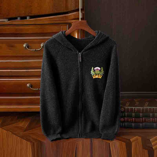 Vintage Scottish Thistle Embroidery Cozy Zipper Hooded Sweater elevenforest