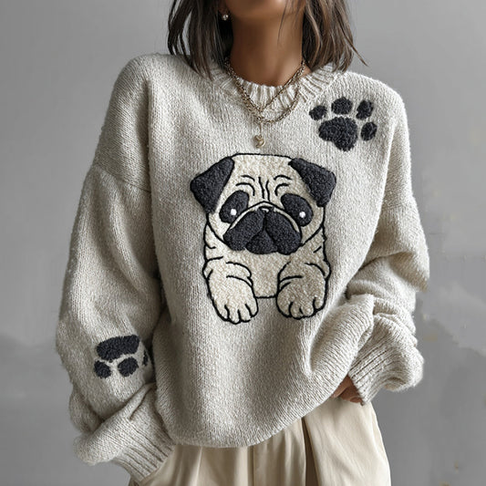 Lovely Cute Pug And Paws Embroidery Art Loose Cozy Knit Sweater elevenforest