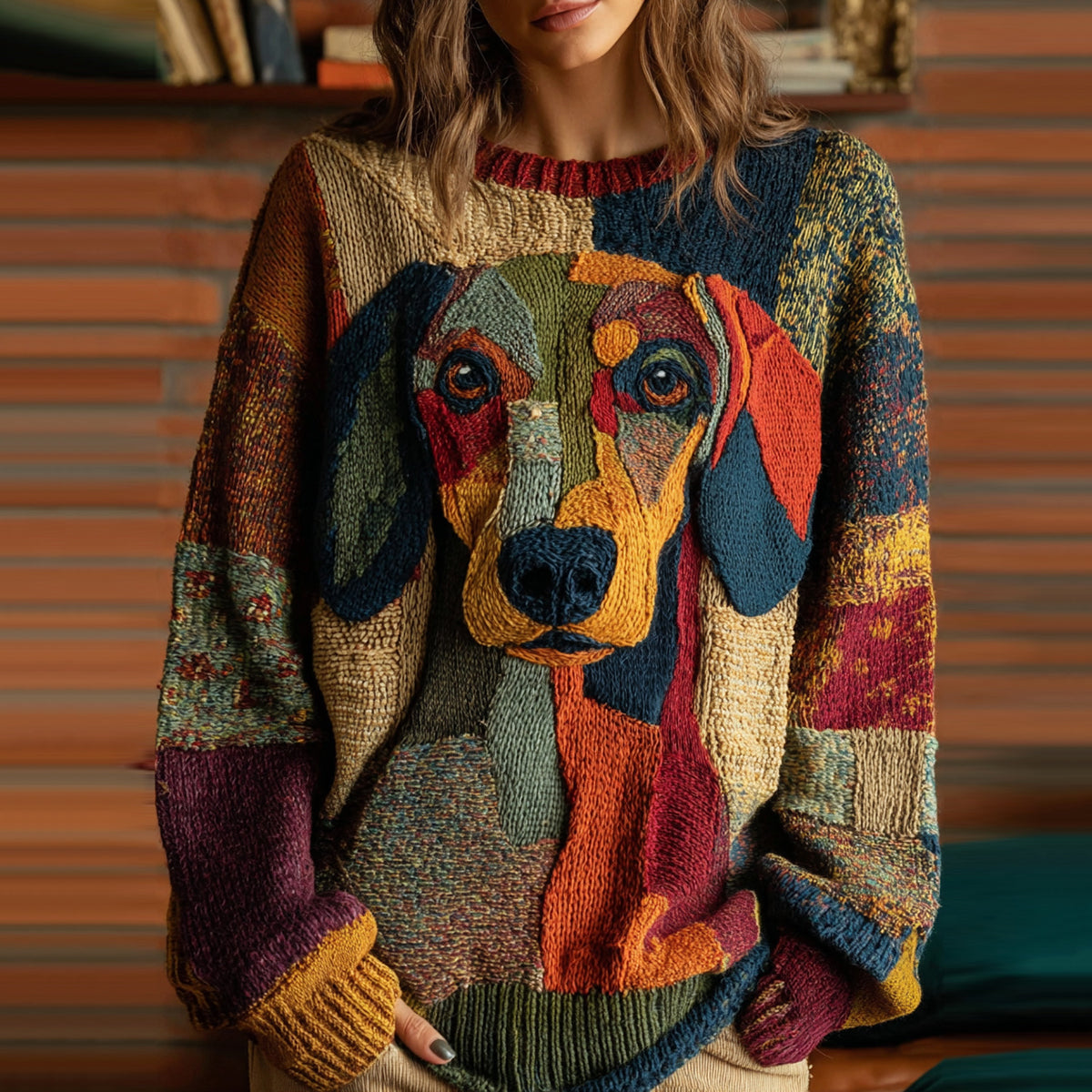 Vintage Classic Patchwork Dachshund  Inspired Cozy Knit Sweater artswardrobe