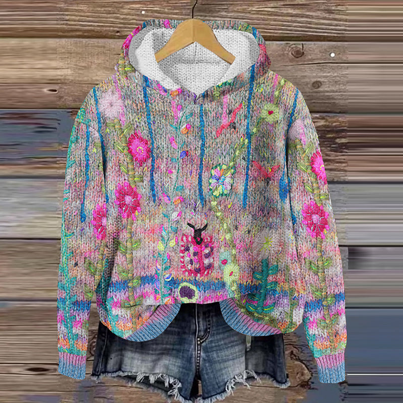 Vintage Floral Print Knitted Cozy Hooded Sweater artswardrobe