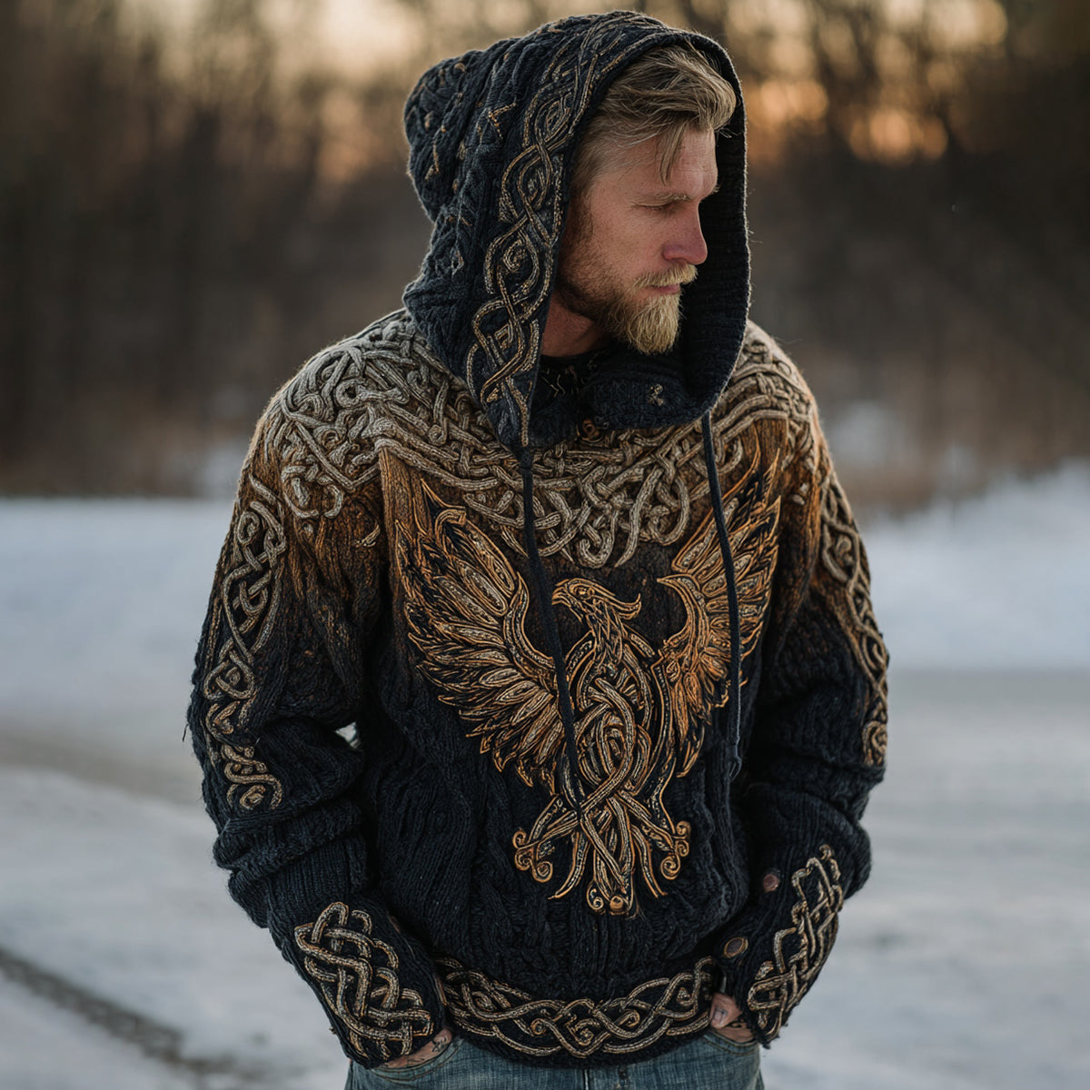 Men's Chunky Knit Celtic Knot Myth Phoenix Hooded Sweater artswardrobe