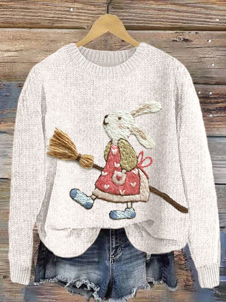 Cute Bunny Embroidery Art Cozy knit Sweater artswardrobe