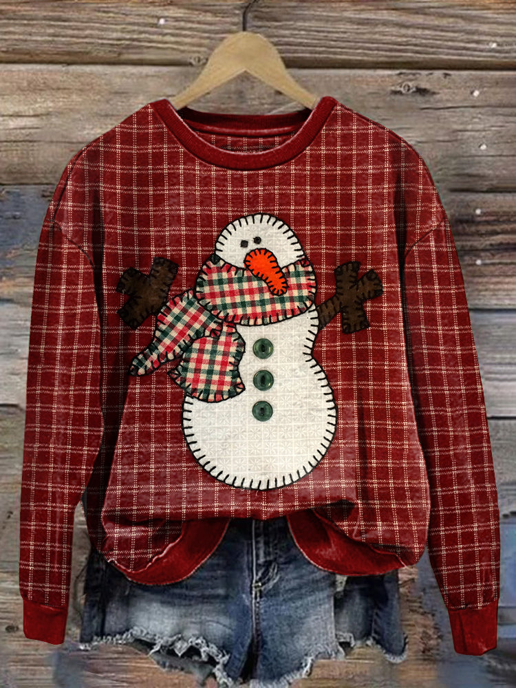 Comstylish Christmas Snowman Patchwork Cozy Plaid Sweatshirt