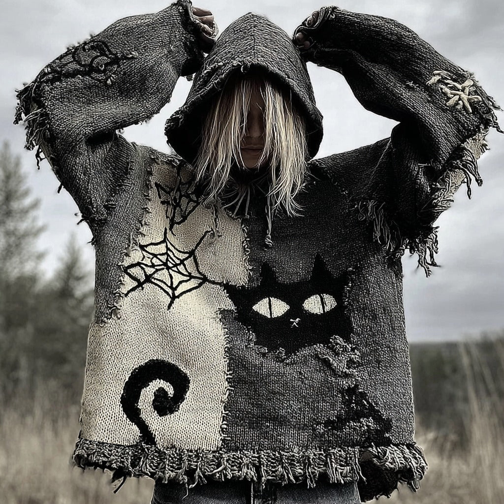 Halloween Scared Black Cat Patchwork Stitched Cozy Knit Hooded elevenforest