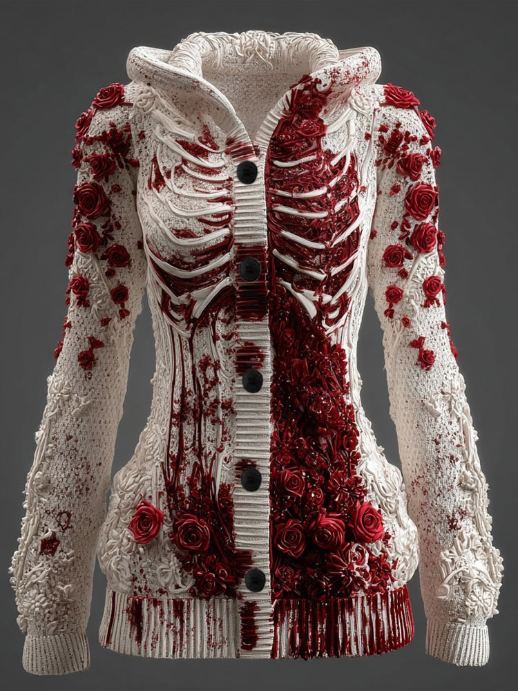Comstylish Classy Skeleton Bloody Roses Hooded Sweater Cardigan