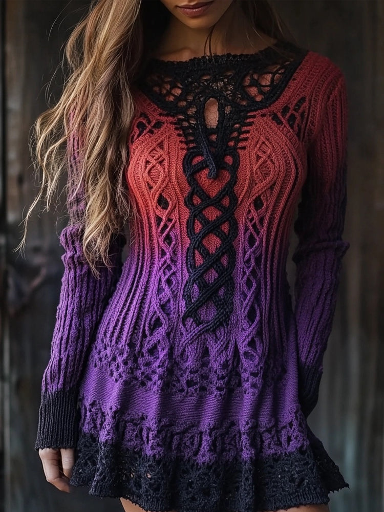 Viking Mystical Celtic Jacquard Gradient Cozy Sweater Dress artswardrobe