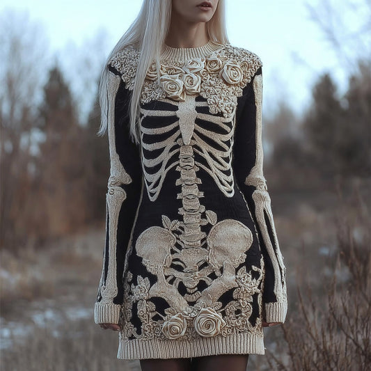 Vintage Skeleton White Roses Contrast Cozy Knit Sweater Dress artswardrobe