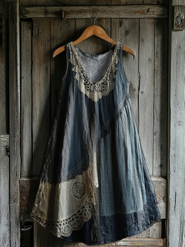 Women's Lace Embellished Patterned Art Print V-Neck Pocket Cotton Dres