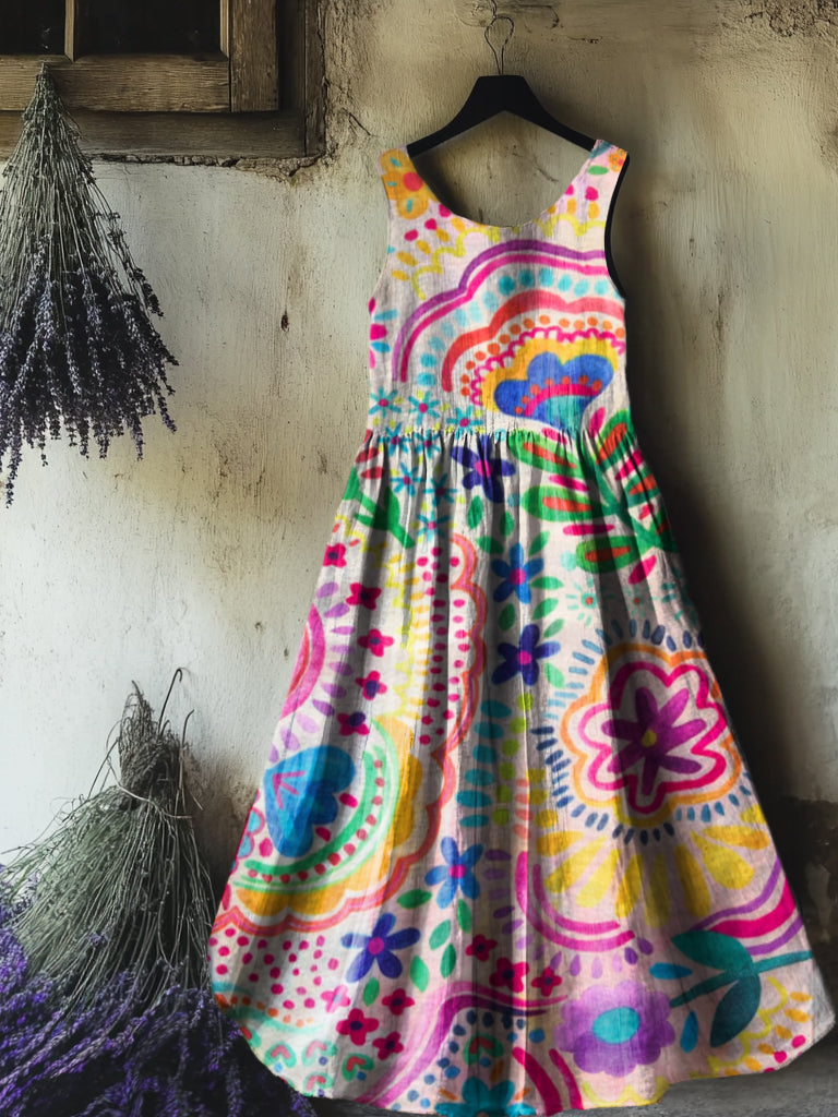 Women's Floral Art Print Sleeveless Cotton Pocket Dress