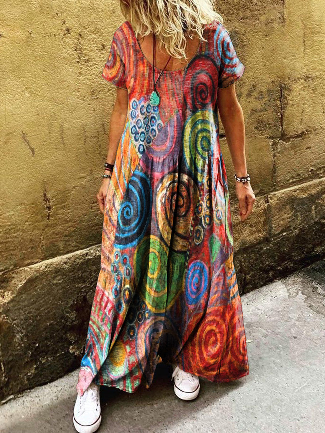 Women's Boho Vintage Colorful Collage Folk Art Print Pocket Short Slee