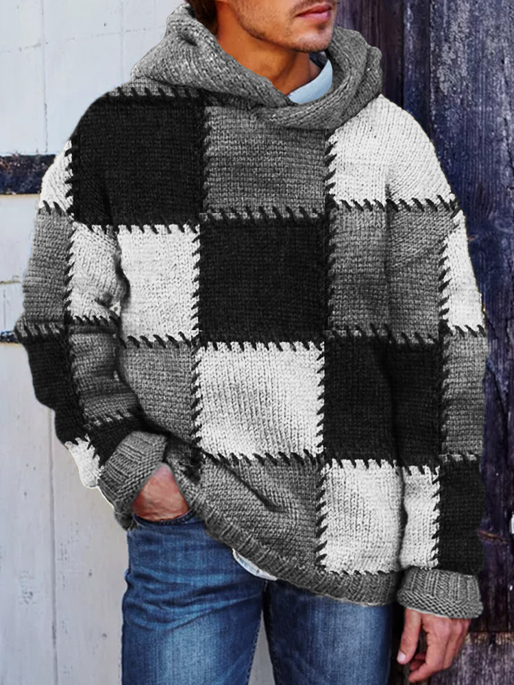 Men's Retro Colorblock Patchwork Stitched Cozy Hooded Sweater elevenforest
