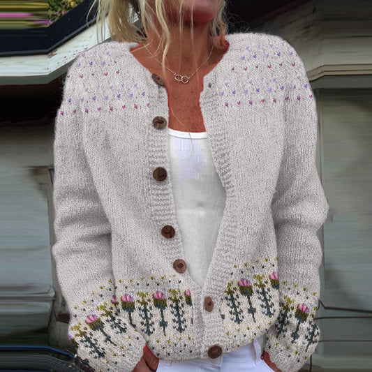 Floral Print Long Sleeve Casual Knitted Cardigan elevenforest