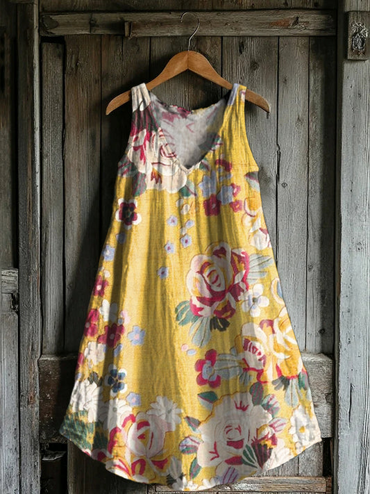 Women's Bohemian Floral Print V-neck Pocket Cotton Dress