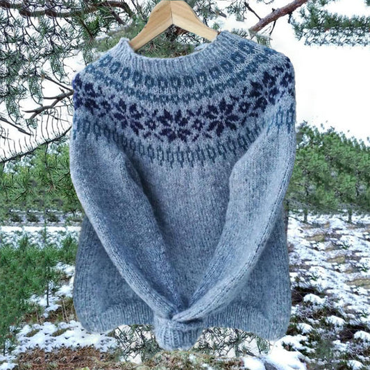 Unisex Vintage Blue Icelandic Knit Jacquard Warmth Crew Neck Sweater elevenforest