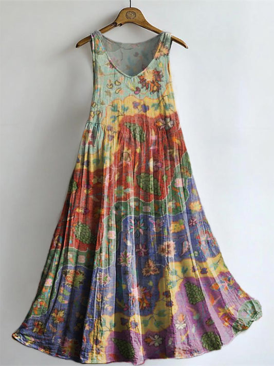 Womens Boho Floral Wave Collage Art Print Sleeveless Cotton Pocket Dre