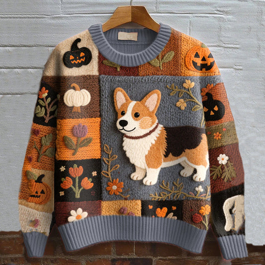 Vintage Corgi Dog With Felt In Autumn Inspired Embroidered Cozy Knit Sweater elevenforest