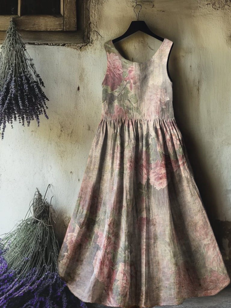 Women's Vintage Rose Floral Art Print Sleeveless Cotton Pocket Dress