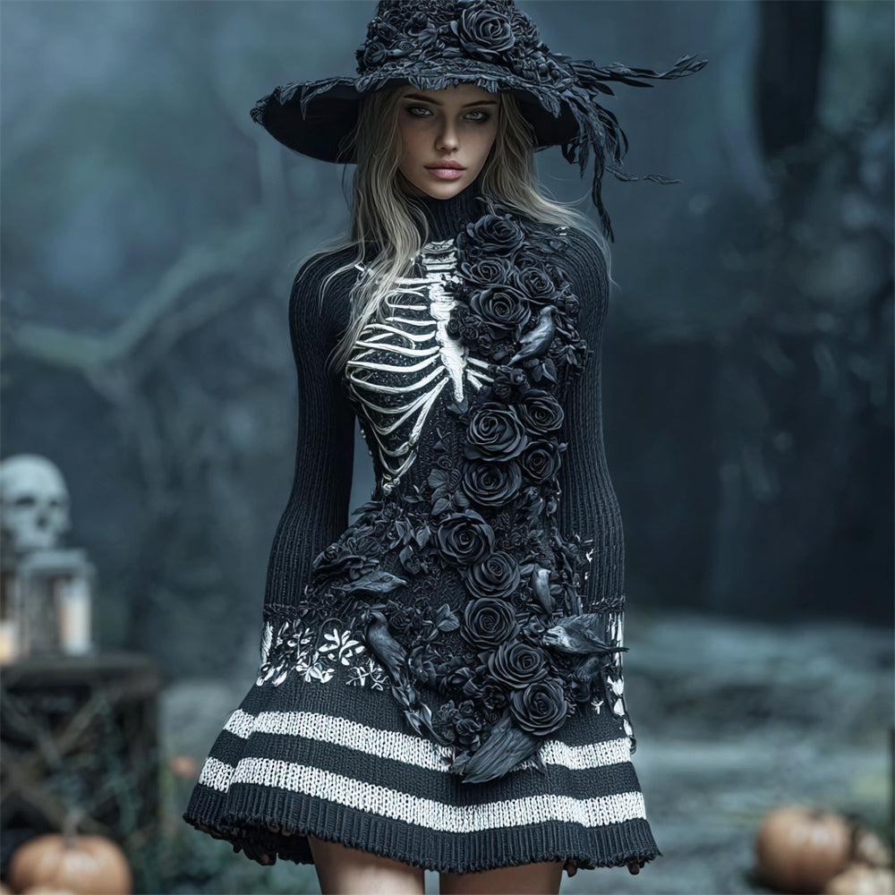 Halloween Crow Feather & Dark Floral Art Women's Knit Turtleneck Mini Dress artswardrobe