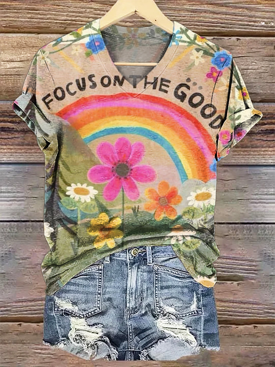Women's Focuson The Good Graphic Art Print V-neck Casual T-shirt