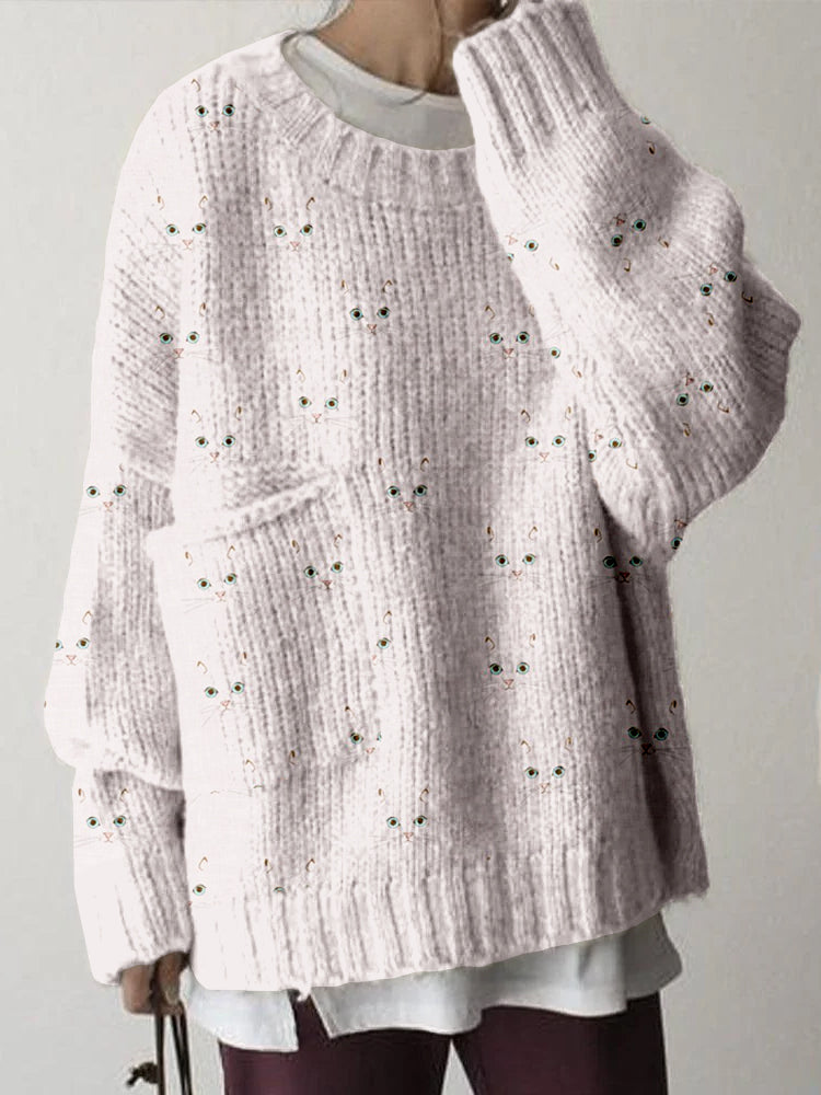Cute Cat Face Pattern Big Pocket Cozy Sweater elevenforest