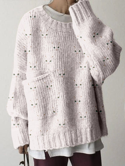 Cute Cat Face Pattern Big Pocket Cozy Sweater elevenforest