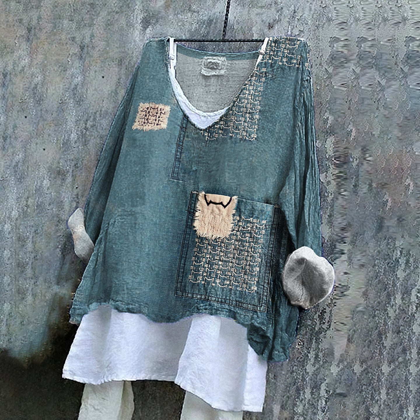 Retro Sashiko Cats Japanese Art Patchwork Linen Blend Tunic