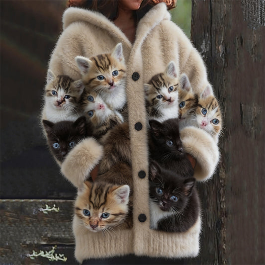 Comstylish Crowded Warm Fuzzy Cats Cozy Hooded Cardigan
