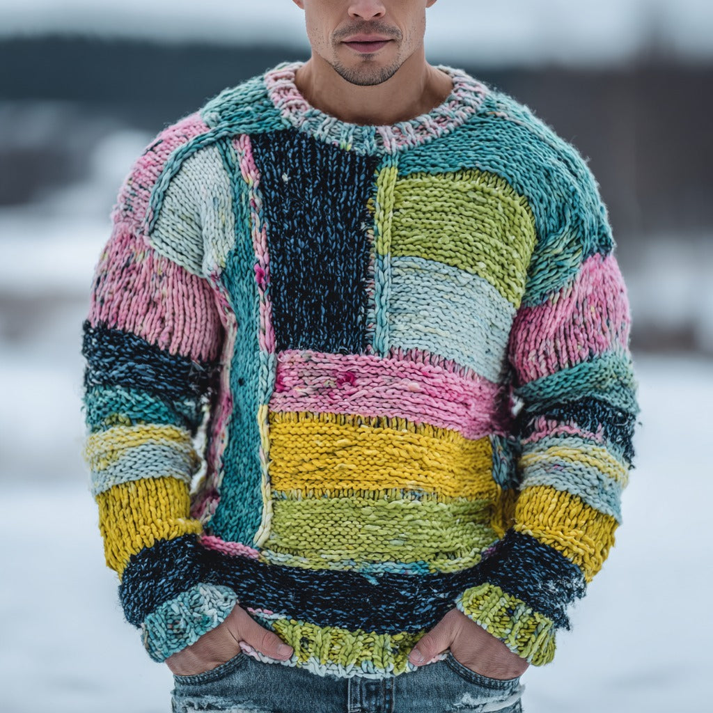 Men's Fair Isle Geometric Colored Jacquard Warm Crew Neck Sweater artswardrobe