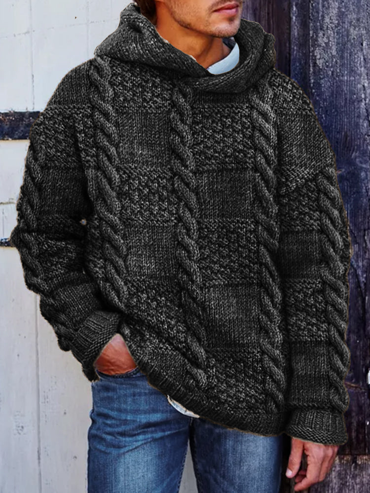 Men's Retro Check Cable Knit Chunky Hooded Sweater elevenforest