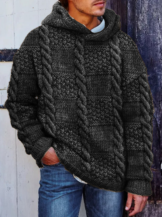 Men's Retro Check Cable Knit Chunky Hooded Sweater elevenforest