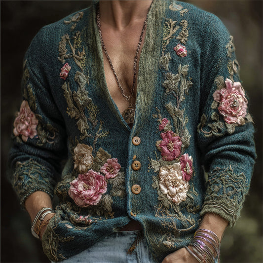 Men's Vintage Floral Embroidered Comfy Knit Cardigan artswardrobe