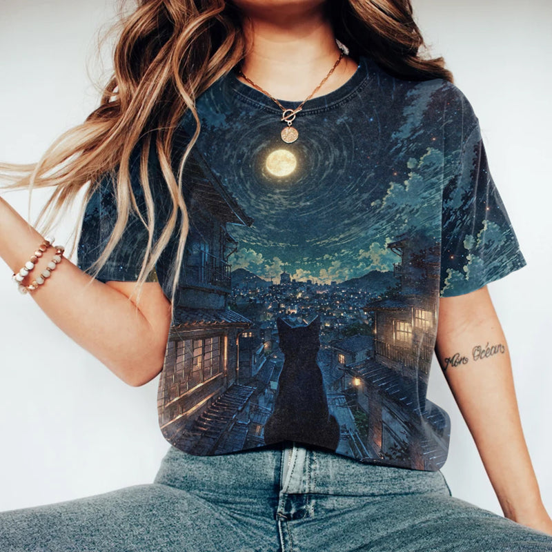 Comstylish Abstract Creative Van Gogh City Black Cat Art Print T-shirt