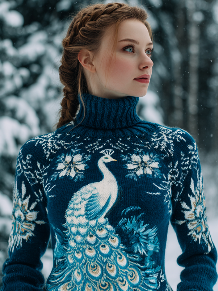 Maglione in cotone con motivo di pavone bianco innevato