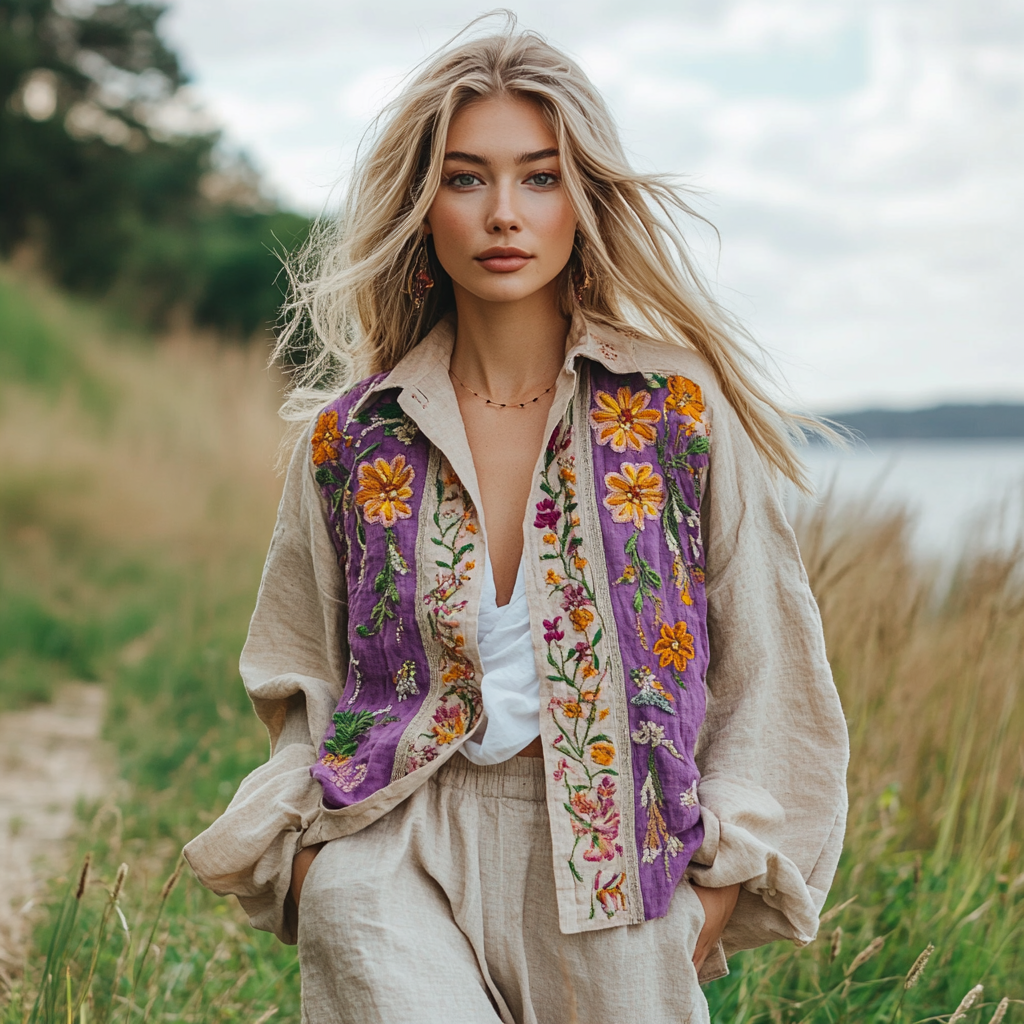 Vintage Floral Embroidery Multicolor Button-down Shirt artswardrobe