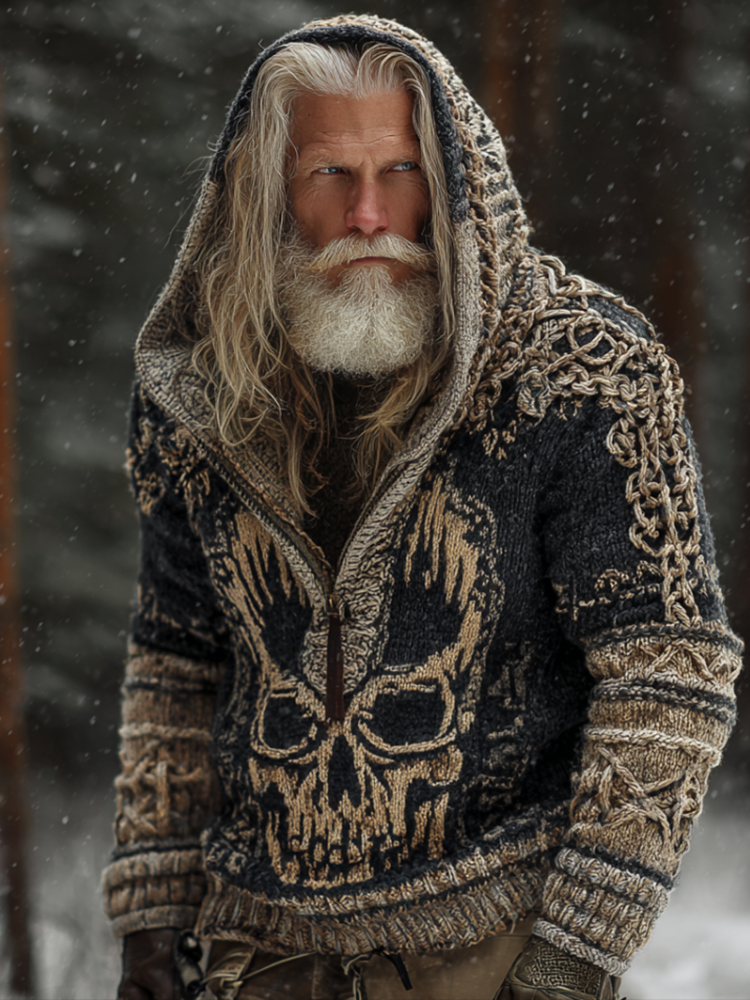 Halloween Skeleton Element Viking Style Men's Hooded Pullover Knit Sweater artswardrobe