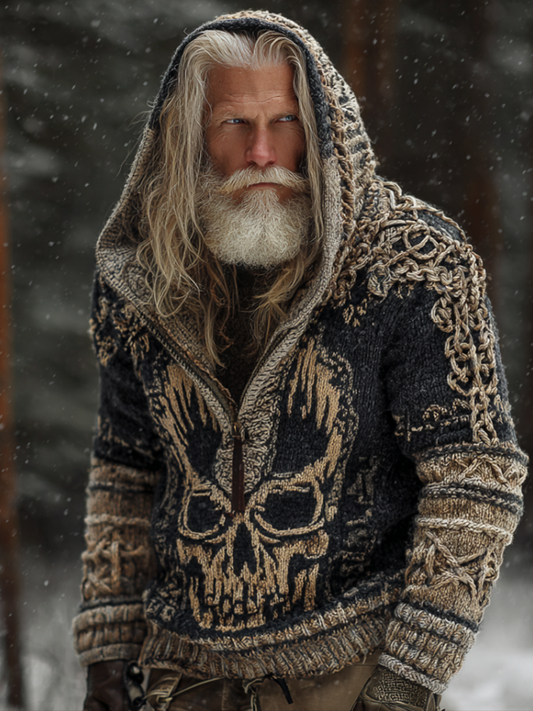 Halloween Skeleton Element Viking Style Men's Hooded Pullover Knit Sweater artswardrobe