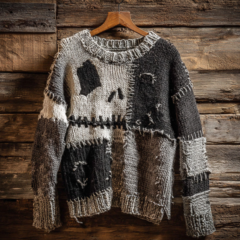 Halloween Pumpkin Face Contrast Stitched Cozy Knit Sweater artswardrobe