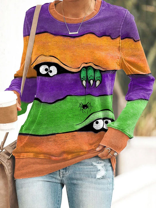Comstylish Women's Casual Halloween Peek Monster Print Long Sleeve Sweatshirt