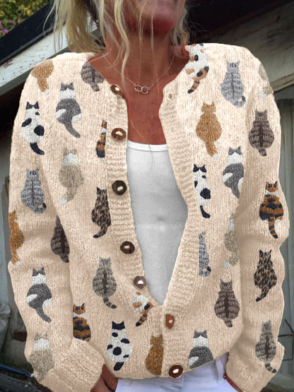 Comstylish Cute Cats Embroidery Pattern Cozy Knit Cardigan