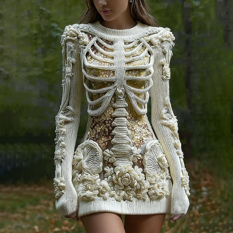 Women's Vintage Halloween Skeleton Bones With Glitter And Rose Art Cozy Knit Mini Sweater Dress artswardrobe